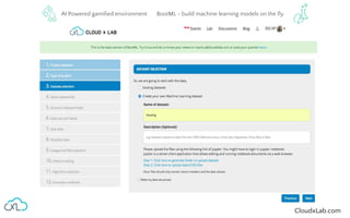 CloudxLab.com
BootML - build machine learning models on the ﬂy.AI Powered gamiﬁed environment
 