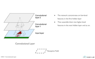 CNN > Convolutional Layer
Convolutional Layer
● The network concentrates on low-level
features in the first hidden layer
● Then assemble them into higher-level
features in the next hidden layer and so on.
Receptive Field
 