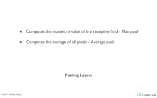 CNN > Pooling Layers
Pooling Layers
● Computes the maximum value of the receptive field - Max pool
● Computes the average of all pixels - Average pool
 