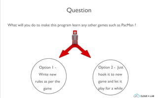 Question
What will you do to make this program learn any other games such as PacMan ?
Option 1 -
Write new
rules as per the
game
Option 2 - Just
hook it to new
game and let it
play for a while
 
