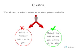Question
What will you do to make this program learn any other games such as PacMan ?
Option 1 -
Write new
rules as per the
game
Option 2 - Just
hook it to new
game and let it
play for a while
 