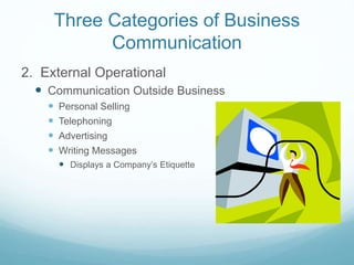 Three Categories of Business
Communication
2. External Operational
 Communication Outside Business
 Personal Selling
 Telephoning
 Advertising
 Writing Messages
 Displays a Company’s Etiquette
 