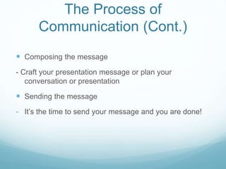 The Process of
Communication (Cont.)
 Composing the message
- Craft your presentation message or plan your
conversation or presentation
 Sending the message
- It’s the time to send your message and you are done!
 