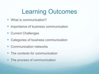 Learning Outcomes
 What is communication?
 Importance of business communication
 Current Challenges
 Categories of business communication
 Communication networks
 The contexts for communication
 The process of communication
 