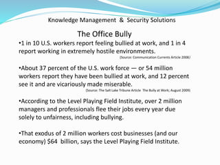 Knowledge Management & Security Solutions
The Office Bully
•1 in 10 U.S. workers report feeling bullied at work, and 1 in 4
report working in extremely hostile environments.
(Source: Communication Currents Article 2008)
•About 37 percent of the U.S. work force — or 54 million
workers report they have been bullied at work, and 12 percent
see it and are vicariously made miserable.
(Source: The Salt Lake Tribune Article The Bully at Work; August 2009)
•According to the Level Playing Field Institute, over 2 million
managers and professionals flee their jobs every year due
solely to unfairness, including bullying.
•That exodus of 2 million workers cost businesses (and our
economy) $64 billion, says the Level Playing Field Institute.
 