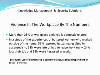 Knowledge Management & Security Solutions
Violence In The Workplace By The Numbers
 More than 25% or workplace violence is domestic related.
 In a study of the experiences of battered women who worked
outside of the home, 55% reported battering resulted in
absenteeism, 62% were late or had to leave work early, 24%
lost their job and 56% were harassed at work.
(Resource: Center on Domestic & Sexual Violence, Michigan Department of
Social Services)
 
