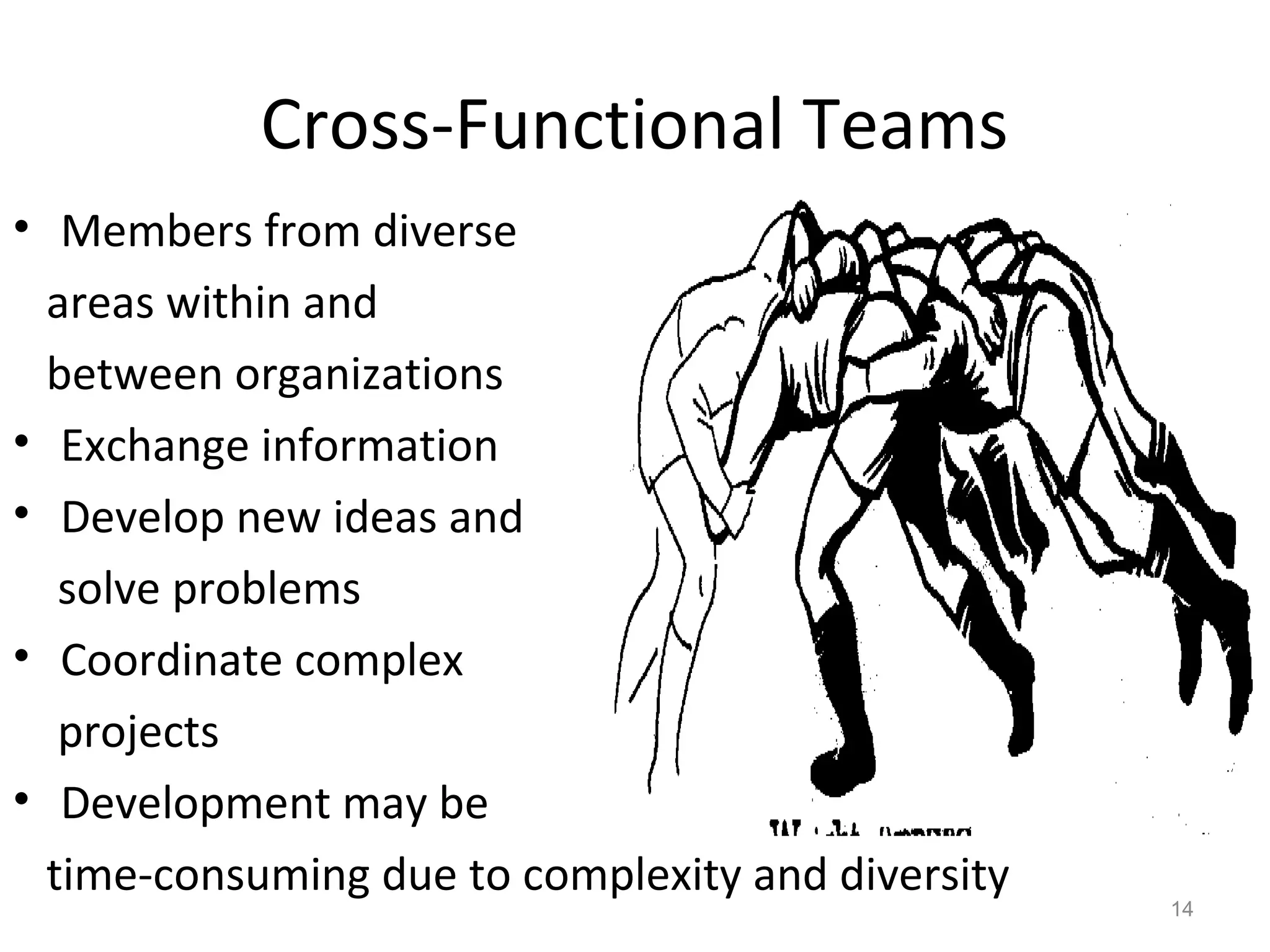 Cross-Functional Teams
• Members from diverse
areas within and
between organizations
• Exchange information
• Develop new ideas and
solve problems
• Coordinate complex
projects
• Development may be
time-consuming due to complexity and diversity

14

 
