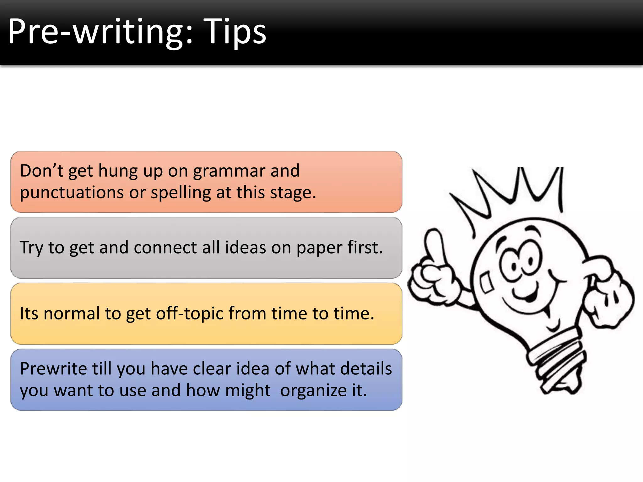 Pre-writing: Tips
Don’t get hung up on grammar and
punctuations or spelling at this stage.
Try to get and connect all ideas on paper first.
Its normal to get off-topic from time to time.
Prewrite till you have clear idea of what details
you want to use and how might organize it.
 