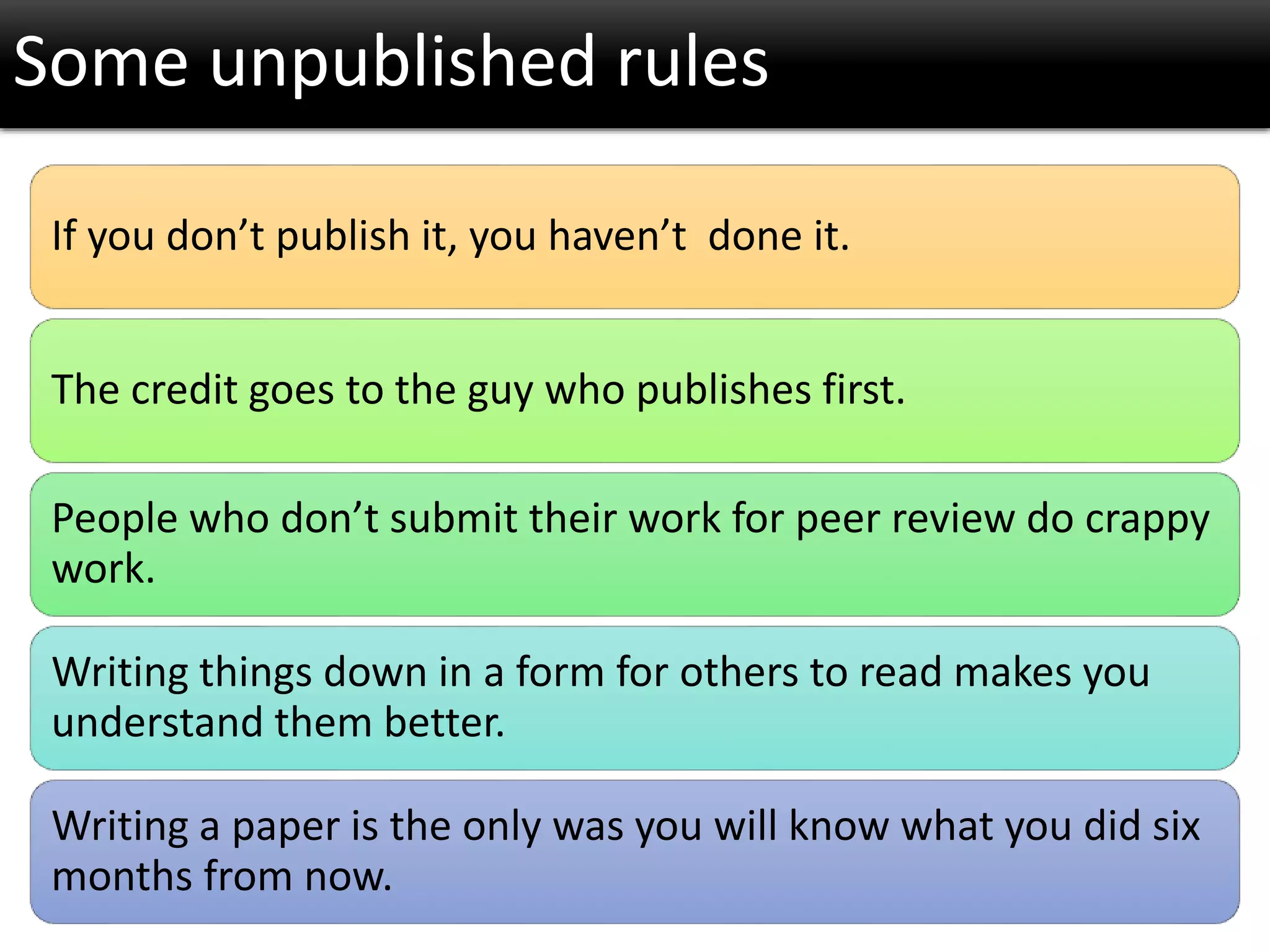 If you don’t publish it, you haven’t done it.
The credit goes to the guy who publishes first.
People who don’t submit their work for peer review do crappy
work.
Writing things down in a form for others to read makes you
understand them better.
Writing a paper is the only was you will know what you did six
months from now.
Some unpublished rules
 