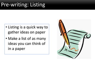 • Listing is a quick way to
gather ideas on paper
• Make a list of as many
ideas you can think of
in a paper
Pre-writing: Listing
 
