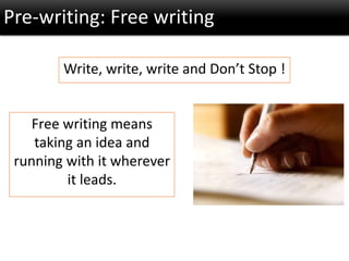 Pre-writing: Free writing
Write, write, write and Don’t Stop !
Free writing means
taking an idea and
running with it wherever
it leads.
 