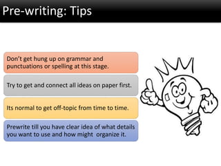 Pre-writing: Tips
Don’t get hung up on grammar and
punctuations or spelling at this stage.
Try to get and connect all ideas on paper first.
Its normal to get off-topic from time to time.
Prewrite till you have clear idea of what details
you want to use and how might organize it.
 
