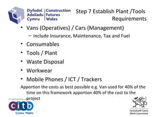 Step 7 Establish Plant /Tools
Requirements
• Vans (Operatives) / Cars (Management)
– Include Insurance, Maintenance, Tax and Fuel
• Consumables
• Tools / Plant
• Waste Disposal
• Workwear
• Mobile Phones / ICT / Trackers
Apportion the costs as best possible e.g. Van used for 40% of the
time on this framework apportion 40% of the cost to the
project
 
