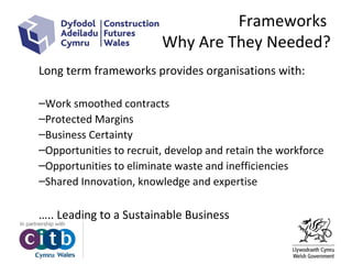 Frameworks
Why Are They Needed?
Long term frameworks provides organisations with:
–Work smoothed contracts
–Protected Margins
–Business Certainty
–Opportunities to recruit, develop and retain the workforce
–Opportunities to eliminate waste and inefficiencies
–Shared Innovation, knowledge and expertise
….. Leading to a Sustainable Business
 