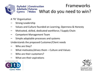 Frameworks
What do you need to win?
A ‘fit’ Organisation
– Strong Leadership
– Values and Culture founded on Learning, Openness & Honesty
– Motivated, skilled, dedicated workforce / Supply Chain
– Competent Management Team
– Simple adaptable processes and systems
Understands the proposed Customer/Client needs
– Who are they?
– What motivates/drives them – Culture and Values
– Who are their customers?
– What are their aspirations
 