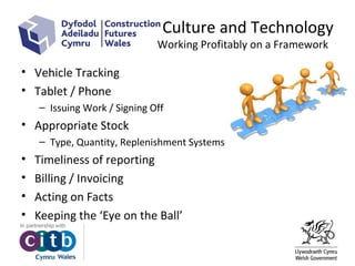 Culture and Technology
Working Profitably on a Framework
• Vehicle Tracking
• Tablet / Phone
– Issuing Work / Signing Off
• Appropriate Stock
– Type, Quantity, Replenishment Systems
• Timeliness of reporting
• Billing / Invoicing
• Acting on Facts
• Keeping the ‘Eye on the Ball’
 