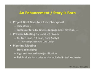 An	
  Enhancement	
  /	
  Story	
  is	
  Born	
  
•  Project	
  Brief	
  Goes	
  to	
  a	
  Exec	
  Checkpoint	
  
–  User	
  stories	
  
–  Success	
  criteria	
  by	
  date	
  x…	
  (engagement,	
  revenue,	
  …)	
  

•  Preview	
  Mee*ng	
  by	
  Product	
  Owner	
  
–  To:	
  Tech	
  Lead,	
  QA	
  Lead,	
  Data	
  Analyst	
  
•  Tech	
  Design,	
  Test	
  Plan,	
  Data	
  Design	
  

•  Planning	
  Mee*ng	
  
–  Story	
  point	
  sizing	
  
–  High	
  and	
  low	
  es*mate	
  jus*ﬁca*on	
  
–  Risk	
  buckets	
  for	
  stories	
  vs	
  risk	
  included	
  in	
  task	
  es*mates	
  
Chris	
  Dolezalek	
  –	
  October,	
  2012	
  

 