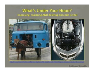 What’s	
  Under	
  Your	
  Hood?	
  

	
  Improving,	
  replacing	
  AND	
  dele*ng	
  old	
  code	
  is	
  vital	
  

hMp://www.commercialmotor.com/big-­‐lorry-­‐blog/now-­‐thats-­‐more-­‐like-­‐it-­‐for-­‐biglorryblog-­‐one-­‐horsepower-­‐truck-­‐exclusive-­‐picture	
  	
  
Chris	
  Dolezalek	
  –	
  October,	
  2012	
  

 