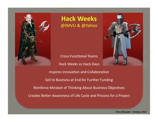 Hack	
  Weeks	
  
@IMVU	
  &	
  @Yahoo	
  

Cross	
  Func*onal	
  Teams	
  
Hack	
  Weeks	
  vs	
  Hack	
  Days	
  
Inspires	
  Innova*on	
  and	
  Collabora*on	
  
Sell	
  to	
  Business	
  at	
  End	
  for	
  Further	
  Funding	
  
Reinforce	
  Mindset	
  of	
  Thinking	
  About	
  Business	
  Objec*ves	
  
Creates	
  BeMer	
  Awareness	
  of	
  Life	
  Cycle	
  and	
  Process	
  for	
  a	
  Project	
  	
  

Chris	
  Dolezalek	
  –	
  October,	
  2012	
  

 