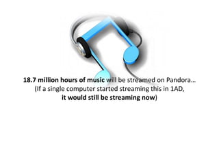 18.7 million hours of music will be streamed on Pandora…
    (If a single computer started streaming this in 1AD,
               it would still be streaming now)
 