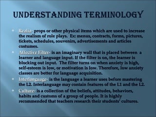    Realia- props or other physical items which are used to increase
    the realism of role plays.  Ex: menus, contracts, forms, pictures,
    tickets, schedules, souvenirs, advertisements and articles
    costumes.
   Affective Filter- is an imaginary wall that is placed between  a
    learner and language input. If the filter is on, the learner is
    blocking out input.  The filter turns on when anxiety is high,
    self-esteem is low, or motivation is low. Therefore, low anxiety
    classes are better for language acquisition.  
   Interlanguage- is the language a learner uses before mastering
    the L2. Interlanguage may contain features of the L1 and the L2.
   Culture- is a collection of the beliefs, attitudes, behaviors,
    habits and customs of a group of people. It is highly
    recommended that teachers research their students’ cultures.
 