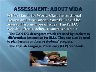 WIDA stands for World-Class Instructional
Design and Assessment. Your ELLs will be
assessed in a number of ways. The WIDA
website offers teachers resources such as:
The  CAN DO descriptors which are used by teachers to
 differentiate instruction for ELLs. They can also be used
to plan lessons or observe students' progress.
The English Language Proficiency (ELP) Standards
 