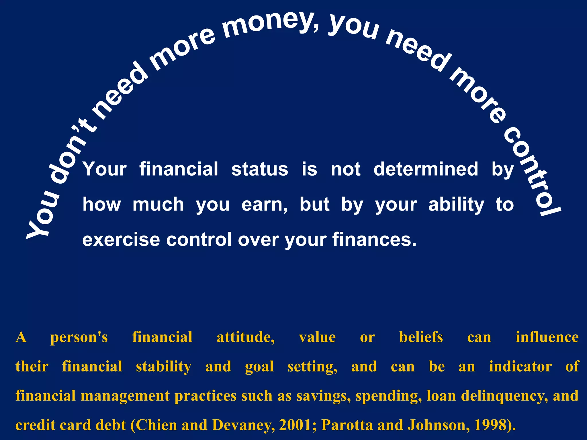 Your financial status is not determined by
how much you earn, but by your ability to
exercise control over your finances.
A person's financial attitude, value or beliefs can influence
their financial stability and goal setting, and can be an indicator of
financial management practices such as savings, spending, loan delinquency, and
credit card debt (Chien and Devaney, 2001; Parotta and Johnson, 1998).
 