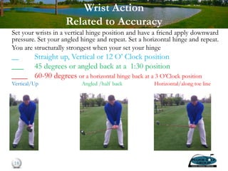 Wrist Action
Related to Accuracy
Set your wrists in a vertical hinge position and have a friend apply downward
pressure. Set your angled hinge and repeat. Set a horizontal hinge and repeat.
You are structurally strongest when your set your hinge
__ Straight up, Vertical or 12 O’ Clock position
___ 45 degrees or angled back at a 1:30 position
____ 60-90 degrees or a horizontal hinge back at a 3 O’Clock position
Vertical/Up Angled /half back Horizontal/along toe line
18
 
