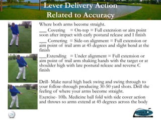 Lever Delivery Action
Related to Accuracy
Where both arms become straight.
___ Covering = On-top = Full extension or aim point
soon after impact with early postural release and I finish
___ Cornering = Side-on alignment = Full extension or
aim point of trail arm at 45 degrees and slight bend at the
finish
___Extending = Under alignment = Full extension or
aim point of trail arm shaking hands with the target or at
shoulder high with late postural release and reverse C
finish
Drill- Make naval high back swing and swing through to
your follow-through producing 30-50 yard shots. Drill the
feeling of where your arms become straight.
Exercise- 10lb. Medicine ball fold with side cover action
and throws so arms extend at 45 degrees across the body
28
 