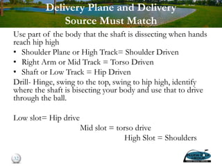 Delivery Plane and Delivery
Source Must Match
Use part of the body that the shaft is dissecting when hands
reach hip high
• Shoulder Plane or High Track= Shoulder Driven
• Right Arm or Mid Track = Torso Driven
• Shaft or Low Track = Hip Driven
Drill- Hinge, swing to the top, swing to hip high, identify
where the shaft is bisecting your body and use that to drive
through the ball.
Low slot= Hip drive
Mid slot = torso drive
High Slot = Shoulders
32
 