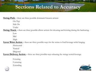 Sections Related to Accuracy
Swing Path – there are three possible dominant forearm actions
On-Top
Side On
Under
Swing Track – there are three possible elbow actions for elevating and levering during the backswing.
Low
Mid
High
Lever Wrist Action – there are three possible ways for the wrists to load leverage while hinging.
Horizontal
Vertical
Diagonal
Lever Delivery Action – there are three possible ways releasing the swings stored leverage.
Covering
Cornering
Extending
35
 