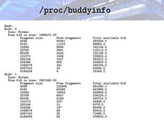 /proc/buddyinfo
/proc/buddyinfo
Hawk:
Node: 0
Zone: Normal
Free KiB in zone: 1968572.00
Fragment size Free fragments Total available KiB
4096 65061 260244.0
8192 11233 89864.0
16384 8884 142144.0
32768 3691 118112.0
65536 2424 155136.0
131072 1569 200832.0
262144 1027 262912.0
524288 650 332800.0
1048576 341 349184.0
2097152 20 40960.0
4194304 4 16384.0
Node: 1
Zone: Normal
Free KiB in zone: 2951940.00
Fragment size Free fragments Total available KiB
4096 222865 891460.0
8192 80496 643968.0
16384 16054 256864.0
32768 6507 208224.0
65536 5168 330752.0
131072 203 25984.0
262144 21 5376.0
524288 157 80384.0
1048576 59 60416.0
2097152 35 71680.0
4194304 92 376832.0
 