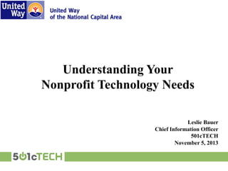 Understanding Your
Nonprofit Technology Needs
Leslie Bauer
Chief Information Officer
501cTECH
November 5, 2013
 