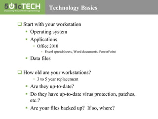 Technology Basics
q Start with your workstation
§  Operating system
§  Applications
•  Office 2010
§  Excel spreadshee...