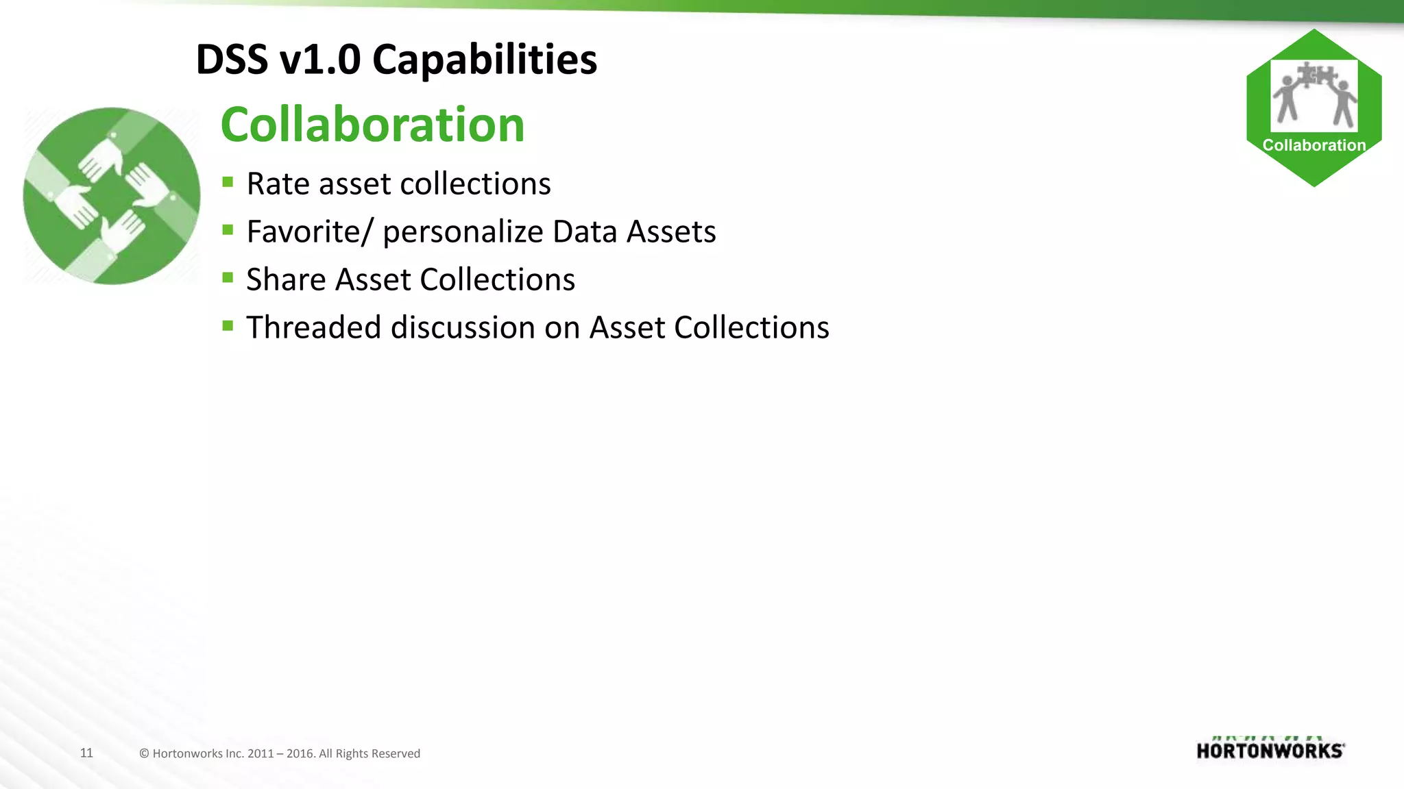 11 © Hortonworks Inc. 2011 – 2016. All Rights Reserved
DSS v1.0 Capabilities
Collaboration
 Rate asset collections
 Favorite/ personalize Data Assets
 Share Asset Collections
 Threaded discussion on Asset Collections
Collaboration
 