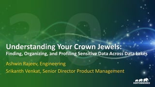 1 © Hortonworks Inc. 2011–2018. All rights reserved.
Hortonworks confidential and proprietary information
Understanding Your Crown Jewels:
Finding, Organizing, and Profiling Sensitive Data Across Data Lakes
Ashwin Rajeev, Engineering
Srikanth Venkat, Senior Director Product Management
 