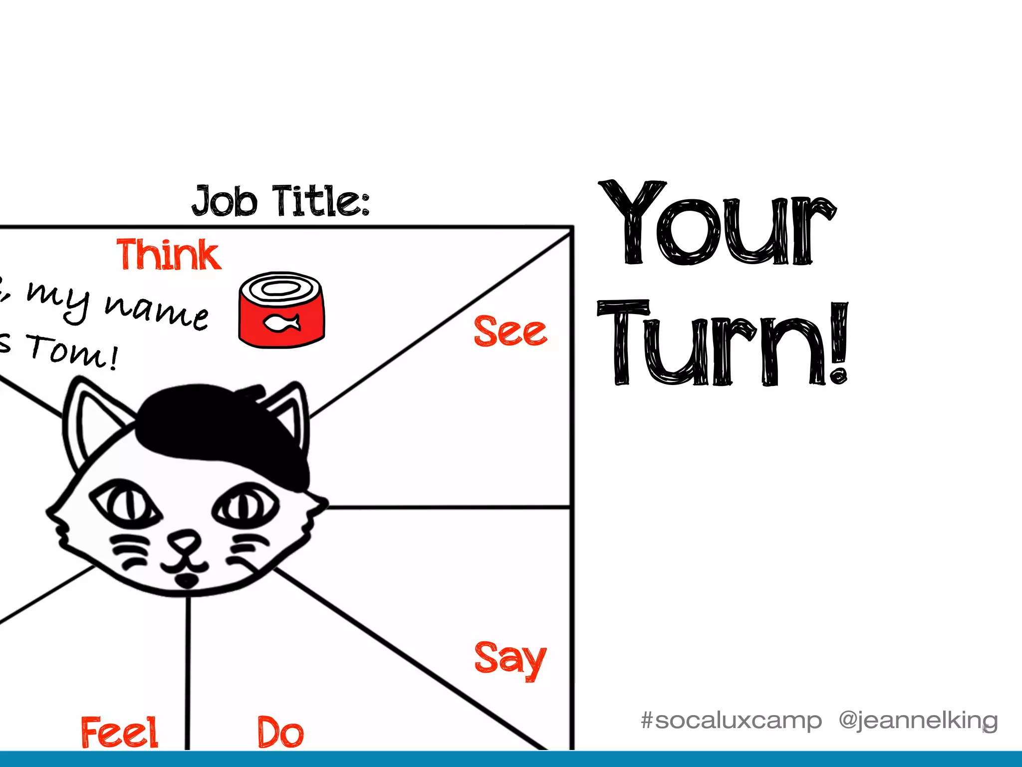 #socaluxcamp @jeannelking
Your
Turn!
Job Title:
Think
See
Say
DoFeel
e, my name
s Tom!
 