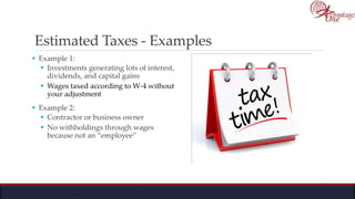 Estimated Taxes - Examples
 Example 1:
 Investments generating lots of interest,
dividends, and capital gains
 Wages taxed according to W-4 without
your adjustment
 Example 2:
 Contractor or business owner
 No withholdings through wages
because not an “employee”
 