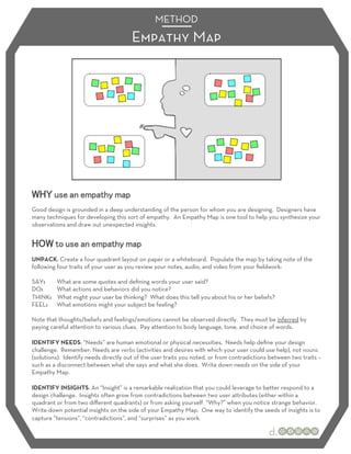 METHOD
                                       Empathy Map




Good design is grounded in a deep understanding of the person for whom you are designing. Designers have
many techniques for developing this sort of empathy. An Empathy Map is one tool to help you synthesize your
observations and draw out unexpected insights.




UNPACK: Create a four quadrant layout on paper or a whiteboard. Populate the map by taking note of the
following four traits of your user as you review your notes, audio, and video from your ﬁeldwork:
 
SAY:      What are some quotes and deﬁning words your user said?
DO:       What actions and behaviors did you notice?
THINK: What might your user be thinking? What does this tell you about his or her beliefs?
FEEL: What emotions might your subject be feeling?
 
Note that thoughts/beliefs and feelings/emotions cannot be observed directly. They must be inferred by
paying careful attention to various clues. Pay attention to body language, tone, and choice of words.

IDENTIFY NEEDS: “Needs” are human emotional or physical necessities. Needs help deﬁne your design
challenge. Remember: Needs are verbs (activities and desires with which your user could use help), not nouns
(solutions). Identify needs directly out of the user traits you noted, or from contradictions between two traits –
such as a disconnect between what she says and what she does. Write down needs on the side of your
Empathy Map.

IDENTIFY INSIGHTS: An “Insight” is a remarkable realization that you could leverage to better respond to a
design challenge. Insights often grow from contradictions between two user attributes (either within a
quadrant or from two diﬀerent quadrants) or from asking yourself “Why?” when you notice strange behavior.
Write down potential insights on the side of your Empathy Map. One way to identify the seeds of insights is to
capture “tensions”, “contradictions”, and “surprises” as you work.
 
 