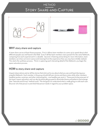 METHOD
                       Story Share-and-Capture




                         -        -
A team share serves at least three purposes. First, it allows team members to come up to speed about what
diﬀerent people saw and heard in the ﬁeld. Even if all the team members were present for the same ﬁeldwork,
comparing how each experienced it is valuable. Second, in listening and probing for more information, team
members can draw out more nuance and meaning from the experience than you may have initially realized.
This starts the synthesis process. Third, in capturing each interesting detail of the ﬁeldwork, you begin the
space saturation process.


                              -       -
Unpack observations and air all the stories that stick out to you about what you saw and heard during your
empathy ﬁeldwork. Each member in the group should tell user stories and share notes while other members
headline quotes, surprises, and other interesting bits – one headline per post-it. These post-its become part of
the team’s space saturation, and can also be physically grouped to illuminate theme and patterns that emerge
(See “Saturate and Group” method card). The end goal is to understand what is really going on with each user.
Discover who that person is and what that person needs in regard to your problem space.
 