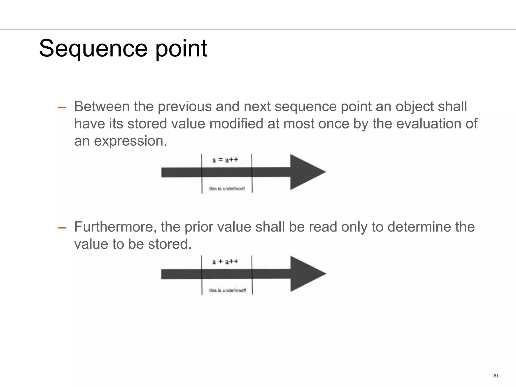 Sequence point
– Between the previous and next sequence point an object shall
have its stored value modified at most once by the evaluation of
an expression.
– Furthermore, the prior value shall be read only to determine the
value to be stored.
20
 