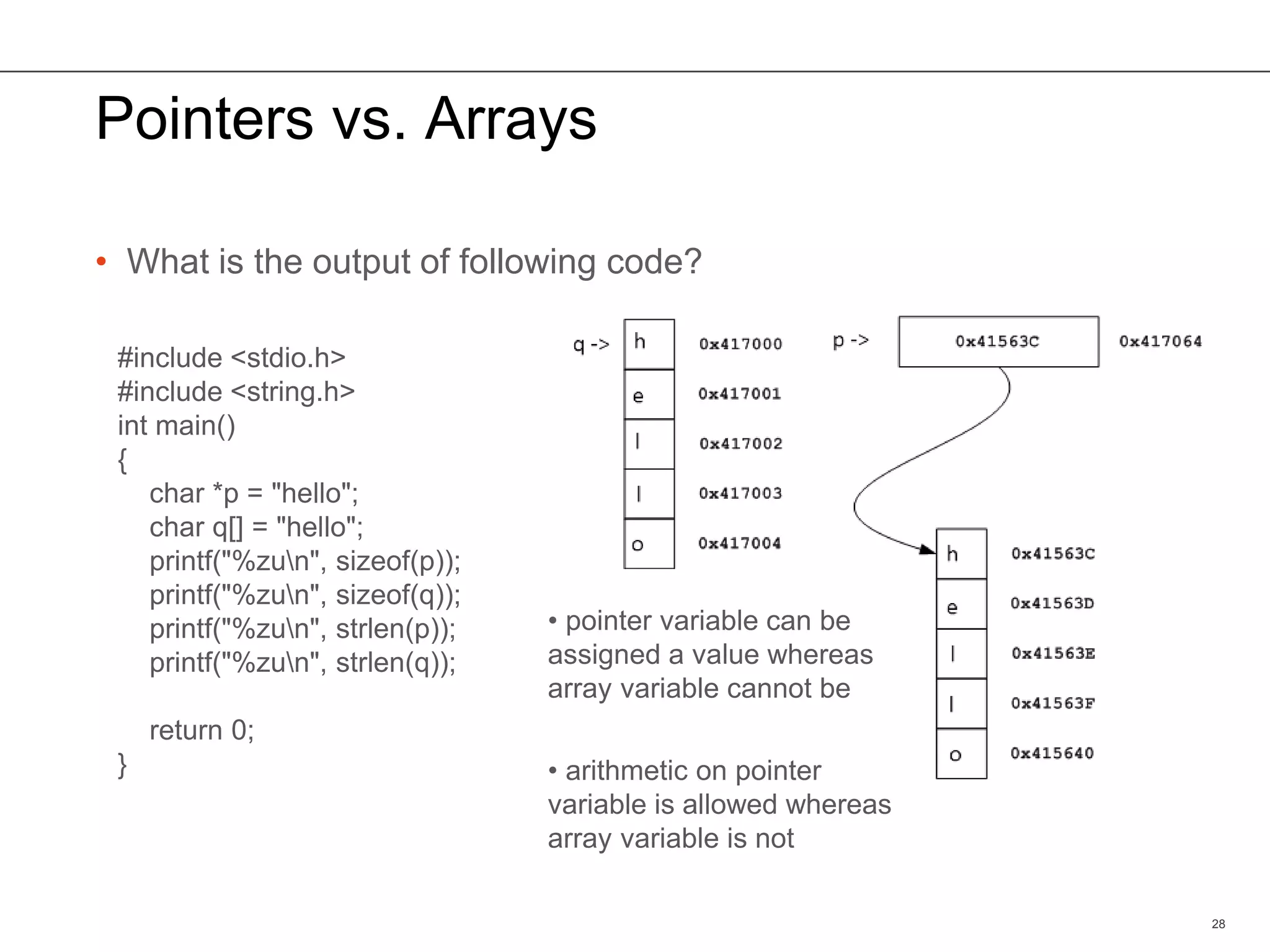 Pointers vs. Arrays
• What is the output of following code?
28
#include <stdio.h>
#include <string.h>
int main()
{
char *p = "hello";
char q[] = "hello";
printf("%zun", sizeof(p));
printf("%zun", sizeof(q));
printf("%zun", strlen(p));
printf("%zun", strlen(q));
return 0;
}
• pointer variable can be
assigned a value whereas
array variable cannot be
• arithmetic on pointer
variable is allowed whereas
array variable is not
 