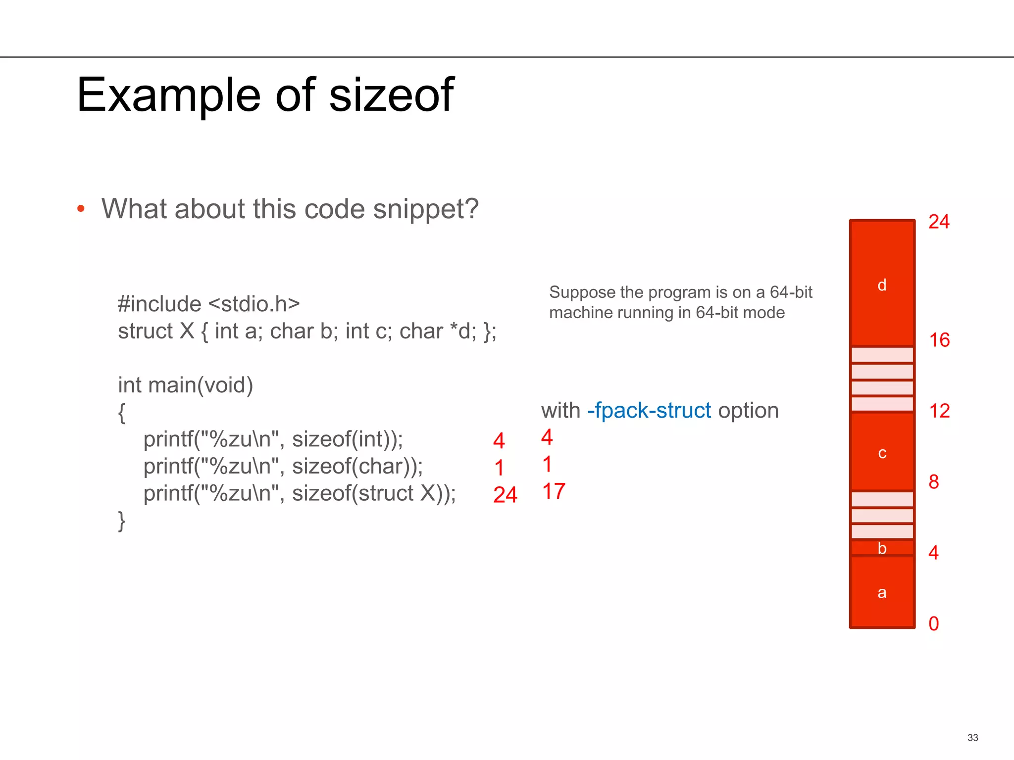Example of sizeof
• What about this code snippet?
33
#include <stdio.h>
struct X { int a; char b; int c; char *d; };
int main(void)
{
printf("%zun", sizeof(int));
printf("%zun", sizeof(char));
printf("%zun", sizeof(struct X));
}
4
1
24
with -fpack-struct option
4
1
17
Suppose the program is on a 64-bit
machine running in 64-bit mode
c
b
a
d
24
16
12
8
4
0
 