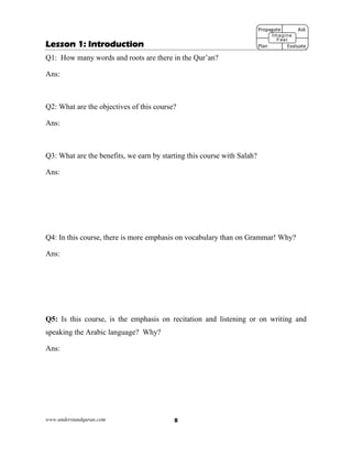 www.understandquran.com 8
Lesson 1: Introduction
Q1: How many words and roots are there in the Qur’an?
Ans:
Q2: What are the objectives of this course?
Ans:
Q3: What are the benefits, we earn by starting this course with Salah?
Ans:
Q4: In this course, there is more emphasis on vocabulary than on Grammar! Why?
Ans:
Q5: Is this course, is the emphasis on recitation and listening or on writing and
speaking the Arabic language? Why?
Ans:
Propagate              Ask
 
Plan                Evaluate
Imagine
Feel
 