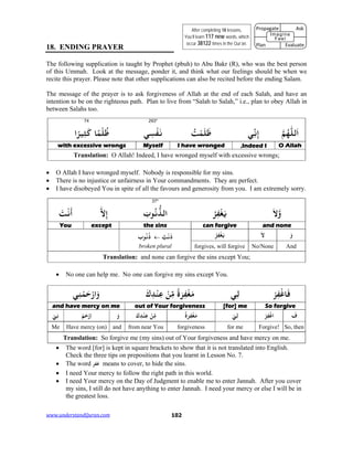 www.understandQuran.com	 102
18. ENDING PRAYER
The following supplication is taught by Prophet (pbuh) to Abu Bakr (R), who was the best person
of this Ummah. Look at the message, ponder it, and think what our feelings should be when we
recite this prayer. Please note that other supplications can also be recited before the ending Salam.
The message of the prayer is to ask forgiveness of Allah at the end of each Salah, and have an
intention to be on the righteous path. Plan to live from “Salah to Salah,” i.e., plan to obey Allah in
between Salahs too.
293*74
‫ﻟﻠ‬َ‫ا‬‫ﻢ‬ُ‫ﻬ‬‫ﻲ‬ِّ‫ﻧ‬ِ‫إ‬ُ‫ﺖ‬ْ‫ﻤ‬َ‫ﻠ‬َ‫ﻇ‬ِ‫ﺴ‬ْ‫ﻔ‬َ‫ﻧ‬‫ﻲ‬‫ﺎ‬ً‫ﻤ‬ْ‫ﻠ‬ُ‫ﻇ‬‫ا‬ً‫ﺮ‬‫ﻴ‬ِ‫ﺜ‬َ‫ﻛ‬
O AllahIndeed I,I have wrongedMyselfwith excessive wrongs
Translation: O Allah! Indeed, I have wronged myself with excessive wrongs;
 O Allah I have wronged myself. Nobody is responsible for my sins.
 There is no injustice or unfairness in Your commandments. They are perfect.
 I have disobeyed You in spite of all the favours and generosity from you. I am extremely sorry.
37*
َ‫ﻻ‬wُ‫ﺮ‬ِ‫ﻔ‬ْ‫ﻐ‬َ‫ﻳ‬َ‫ب‬ ُ‫ﻧ‬‫اﻟﺬ‬‫ﻻ‬ِ‫إ‬َ‫ﺖ‬ْ‫ﻧ‬
َ
‫أ‬
and nonecan forgivethe sinsexceptYou
َ‫و‬َ‫ﻻ‬ْ‫ﻐ‬َ‫ﻳ‬ُ‫ﺮ‬ِ‫ﻔ‬ٌ‫ﺐ‬ْ‫ﻧ‬َ‫ذ‬‫ب‬ ُ‫ﻧ‬ُ‫ذ‬
broken plural AndNo/Noneforgives, will forgive
Translation: and none can forgive the sins except You;
 No one can help me. No one can forgive my sins except You.
ْ‫ﺮ‬ِ‫ﻔ‬ْ‫ﺎﻏ‬َ‫ﻓ‬‫ﻲ‬ِ‫ﻟ‬ً‫ة‬َ‫ﺮ‬ِ‫ﻔ‬ْ‫ﻐ‬َ‫ﻣ‬ْ‫ﻦ‬ِّ‫ﻣ‬َ‫ك‬ِ‫ﺪ‬ْ‫ﻨ‬ِ‫ﻋ‬‫ﻲ‬ِ‫ﻨ‬ْ‫ﻤ‬َ‫ﺣ‬ْ‫ر‬‫ا‬َw
So forgive[for] meout of Your forgivenessand have mercy on me
َ‫ف‬ْ‫ﺮ‬ِ‫ﻔ‬ْ‫اﻏ‬ْ‫ﻲ‬ِ‫ﻟ‬ً‫ة‬َ‫ﺮ‬ِ‫ﻔ‬ْ‫ﻐ‬َ‫ﻣ‬‫ك‬ِ‫ﺪ‬ْ‫ﻨ‬ِ‫ﻋ‬ ْ‫ﻦ‬ِّ‫ﻣ‬َ‫و‬ْ‫ﻢ‬َ‫ﺣ‬ْrِ‫ا‬ْ‫ﻲ‬ِ‫ﻧ‬
So, thenForgive!for meforgivenessfrom near YouandHave mercy (on)Me
Translation: So forgive me (my sins) out of Your forgiveness and have mercy on me.
 The word [for] is kept in square brackets to show that it is not translated into English.
Check the three tips on prepositions that you learnt in Lesson No. 7.
 The word ‫ﻏﻔﺮ‬ means to cover, to hide the sins.
 I need Your mercy to follow the right path in this world.
 I need Your mercy on the Day of Judgment to enable me to enter Jannah. After you cover
my sins, I still do not have anything to enter Jannah. I need your mercy or else I will be in
the greatest loss.
After completing 18 lessons,
You’ll learn 117 new words, which
occur 38122 times in the Qur’an.
Propagate              Ask
 
Plan                Evaluate
Imagine
Feel
 