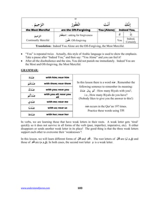 www.understandQuran.com	 103
91
‫ﻧ‬ِ‫إ‬َ‫ﻚ‬َ‫ﺖ‬ْ‫ﻧ‬
َ
‫أ‬ُ‫ر‬‫ﻮ‬ُ‫ﻔ‬َ‫ﻐ‬ْ‫اﻟ‬ُ‫ﻢ‬‫ﻴ‬ِ‫ﺣ‬‫اﻟﺮ‬.
Indeed You,You (Alone)are the Oft-Forgivingthe Most Merciful
‫ن‬ِ‫إ‬َ‫ك‬‫ﺎر‬َ‫ﻔ‬ْ‫ﻐ‬ِ‫ﺘ‬ْ‫ﺳ‬ِ‫ا‬ : asking for forgiveness
ُ‫ر‬‫ﻮ‬ُ‫ﻔ‬َ‫ﻏ‬: Oft-forgiving
ُ‫ﻢ‬‫ﻴ‬ِ‫ﺣ‬‫اﻟﺮ‬
Continually Merciful
Indeed,
Certainly
You
Translation: Indeed You Alone are the Oft-Forgiving, the Most Merciful.
 “You” is repeated twice. Actually, this style of Arabic language is used to show the emphasis.
Take a pause after “Indeed You,” and then say: “You Alone” and you can feel it!
 After all the disobedience and the sins, You did not punish me immediately. Indeed You are
the Most and Oft-forgiving, the Most Merciful.
GRAMMAR:
ٗ‫ه‬َ‫ﺪ‬ْ‫ﻨ‬ِ‫ﻋ‬ with him; near him
In this lesson there is a word َ‫ﺪ‬ْ‫ﻨ‬ِ‫ﻋ‬ . Remember the
following sentence to remember its meaning:
ْ‫ﻢ‬َ‫ﻛ‬َ‫ك‬َ‫ﺪ‬ْ‫ﻨ‬ِ‫ﻋ‬ ‫ﺎ‬َ‫ﻳ‬ِr : How many Riyals with you?,
i.e., How many Riyals do you have?
(Nobody likes to give you the answer to this!)
َ‫ﺪ‬ْ‫ﻨ‬ِ‫ﻋ‬ occurs in the Qur’an 197 times.
Practice these words using TPI
ْ‫ﻢ‬ُ‫ﻫ‬َ‫ﺪ‬ْ‫ﻨ‬ِ‫ﻋ‬ with them; near them
َ‫ك‬َ‫ﺪ‬ْ‫ﻨ‬ِ‫ﻋ‬ with you; near you
ْ‫ﻢ‬ُ‫כ‬َ‫ﺪ‬ْ‫ﻨ‬ِ‫ﻋ‬ with you all; near you
all
‫ي‬ِ‫ﺪ‬ْ‫ﻨ‬ِ‫ﻋ‬ with me; near me
‫ﺎ‬َ‫ﻧ‬َ‫ﺪ‬ْ‫ﻨ‬ِ‫ﻋ‬ with us; near us
‫ﺎ‬َ‫ﻫ‬َ‫ﺪ‬ْ‫ﻨ‬ِ‫ﻋ‬ with her; near her
In verbs, we are learning those that have weak letters in their roots. A weak letter gets ‘tired’
quickly so it does not survive in all forms of the verb (past, imperfect, imperative, etc). It either
disappears or sends another weak letter in its place! The good thing is that the three weak letters
support each other to overcome their ‘weaknesses’!
In this lesson, we will learn different forms of َ‫ل‬‫ا‬َ‫ق‬ and َ‫م‬‫ا‬َ‫ق‬ . The root letters of َ‫ل‬‫ا‬َ‫ق‬ are (‫ل‬ ‫و‬ ‫)ق‬ and
those of َ‫م‬‫ا‬َ‫ق‬ are (‫م‬ ‫و‬ ‫.)ق‬ In both cases, the second root letter ‫و‬ is a weak letter.
 