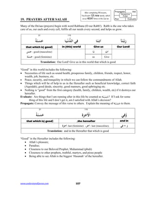 www.understandQuran.com	 107
19. PRAYERS AFTER SALAH
Many of the Du'aas (prayers) begin with word Rabbana (O our Rabb!). Rabb is the one who takes
care of us, our each and every cell, fulfils all our needs every second, and helps us grow.
11531
‫ﺂ‬َ‫ﻨ‬‫ﺑ‬َ‫ر‬‫א‬‫ﺎ‬َ‫ﻨ‬ِ‫ﺗ‬‫ﻲ‬ِ‫ﻓ‬‫ﺎ‬َ‫ﻴ‬ْ‫ﻧ‬‫اﻟﺪ‬ً‫ﺔ‬َ‫ﻨ‬َ‫ﺴ‬َ‫ﺣ‬
Our Lord!Give usin (this) world)that which is) good 
ِ‫אت‬‫ﺎ‬َ‫ﻧ‬‫ﻦ‬َ‫ﺴ‬َ‫ﺣ‬ : good (masculine)
: good (feminine)‫ﺔ‬َ‫ﻨ‬َ‫ﺴ‬َ‫ﺣ‬ Giveus
Translation: Our Lord! Give us in this world that which is good
“Good” in this world includes the following:
 Necessities of life such as sound health, prosperous family, children, friends, respect, honor,
wealth, job, business, etc.
 Peace, security, and tranquility in which we can follow the commandments of Allah.
 Things which will be of help to us in the Hereafter such as beneficial knowledge, correct faith
(Aqeedah), good deeds, sincerity, good manners, good upbringing etc.
 Nothing is “good” from the first category (health, family, children, wealth, etc) if it destroys our
hereafter.
Evaluate: Are things that I am running after in this life be counted as ‫ة‬َ‫ن‬ َ‫س‬َ‫ح‬? If I ask for some
thing of this life and I don’t get it, am I satisfied with Allah’s decision?
Propagate: Convey the message of this verse to others. Explain the meaning of ‫ة‬َ‫ن‬ َ‫س‬َ‫ح‬ to them.
11531
‫ﻲ‬ِ‫ﻓ‬wٰ ْ‫اﻻ‬ِ‫ة‬َ‫ﺮ‬ًِ‫ﺔ‬َ‫ﻨ‬َ‫ﺴ‬َ‫ﺣ‬
and inthe hereafter,)that which is) good 
‫ﻲ‬ِ‫ﻓ‬ + َ‫و‬: last (masculine);،‫ﺮ‬ِ‫ﺧ‬‫א‬: last (feminine)ِ‫ة‬َ‫ﺮ‬ِ‫ﺧ‬‫א‬
Translation: and in the Hereafter that which is good
“Good” in the Hereafter includes the following:
 Allah’s pleasure;
 Paradise;
 Closeness to our Beloved Prophet, Muhammad (pbuh)
 Closeness to other prophets, truthful, martyrs, and pious people
 Being able to see Allah is the biggest ‘Hasanah’ of the hereafter.
After completing 19 lessons,
You’ll learn 125 new words, which
occur 40347 times in the Qur’an.
Propagate              Ask
Plan                Evaluate
Imagine
Feel
 