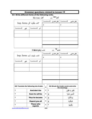 www.understandQuran.com	 111
Grammar questions related to Lesson 19
Q1: Write different forms of the following verbs.
َ‫ﰷ‬َ‫ن‬1361
)‫ن‬(
َ‫ﰷ‬َ‫ن‬:He was
Imp. forms َ‫ن‬ َ‫ﰷ‬،ُ‫ن‬ ُ‫ﻜ‬َ‫ﻳ‬،ْ‫ﻦ‬ُ‫ﻛ‬
Translation ‫ع‬ِ‫ر‬‫ﺎ‬َ‫ﻀ‬ُ‫ﻣ‬ ‫ﻞ‬ْ‫ﻌ‬ِ‫ﻓ‬ Translation ‫ﻲ‬ِ‫ﺿ‬‫ﺎ‬َ‫ﻣ‬ ‫ﻞ‬ْ‫ﻌ‬ِ‫ﻓ‬
Translation ‫ﻲ‬ْ‫ﻬ‬َ‫ﻧ‬ Translation ‫ﺮ‬ْ‫ﻣ‬‫أ‬
‫ﺎ‬َ‫ﺗ‬َ‫ب‬72
)‫ن‬(‫ﺎ‬َ‫ﺗ‬‫ب‬:
Imp. forms َ‫ﺗ‬َ‫ﺎب‬،ُ‫ﺘ‬َ‫ﻳ‬، ُ‫ب‬ُ‫ﺗ‬ْ‫ﺐ‬
Translation ‫ع‬ِ‫ر‬‫ﺎ‬َ‫ﻀ‬ُ‫ﻣ‬ ‫ﻞ‬ْ‫ﻌ‬ِ‫ﻓ‬ Translation ‫ﻲ‬ِ‫ﺿ‬‫ﺎ‬َ‫ﻣ‬ ‫ﻞ‬ْ‫ﻌ‬ِ‫ﻓ‬
Translation ‫ﻲ‬ْ‫ﻬ‬َ‫ﻧ‬ Translation ‫ﺮ‬ْ‫ﻣ‬‫أ‬
Q2: Break the Arabic words and write
the meanings.
Q3: Translate the following into Arabic.
ُ‫ر‬ْ‫ﻮ‬ُ‫ﻔ‬َ‫ﻏ‬ ‫ﺎ‬َ ْ‫ﺮ‬ِ‫ﻔ‬ْ‫ﻏ‬ِ‫ا‬And don’t be
ْ‫ﻮ‬ُ‫ﺑ‬‫ﺎ‬َ َ‫ﻦ‬ْ‫ﻳ‬ِ‫ﺬ‬‫ﻟ‬َ‫ا‬‫ا‬Soon he will be
‫ﺎ‬َ‫ﻣ‬َwَ‫ا‬ْ ُ‫ﻧ‬Thus he became
َ‫ﻴ‬َ‫ﻓ‬ُ‫ﻜ‬ُ‫ن‬ْRepent you all
َ‫و‬ُ‫כ‬‫ا‬ْ ُ‫ﻧ‬ْThose who
repents
 