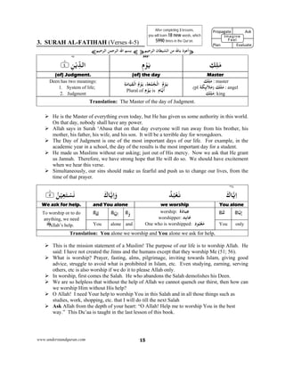 www.understandquran.com 15
3. SURAH AL-FATIHAH (Verses 4-5)
¥‫ﺟﻴﻢ‬ ‫اﻟ‬ ‫اﻟﺸﻴﻄﺎن‬ ‫ﻣﻦ‬ ‫ﺎﷲ‬ ‫ذ‬ ‫أﻋ‬¥¤‫ﺣﻴﻢ‬ ‫اﻟ‬ ‫ﺣﻤﻦ‬ ‫اﻟ‬ ‫اﷲ‬ ‫ﺑﺴﻢ‬¤
393*٩٢
ٰ‫ﻣ‬ِ‫ﻚ‬ِ‫ﻠ‬ِ‫م‬ْ‫ﻮ‬َ‫ﻳ‬ِ‫ﻦ‬ْ‫ﻳ‬ِّ‫اﻟﺪ‬٪﴿٤ؕ٪﴾
Master(of) the day(of) Judgment.
ٰ‫ﻣ‬‫ﻚ‬ِ‫ﻠ‬ : master
: angel‫ﻚ‬َ‫ﻠ‬َ‫ﻣ‬‫ﺔ‬َ‫ﻜ‬ِ‫ئ‬َ‫ﻼ‬َ‫ﻣ‬)pl(
: king‫ﻚ‬ِ‫ﻠ‬َ‫ﻣ‬
َ‫ﻳ‬ِ‫ﺔ‬َ‫ﻣ‬‫ﺎ‬َ‫ﻴ‬ِ‫ﻘ‬ْ‫اﻟ‬ ُ‫م‬ْ‫ﻮ‬َ ،ِ‫ﺔ‬َ‫ﻌ‬ُ‫ﻤ‬ُ‫ﺠ‬ْ‫اﻟ‬ ُ‫م‬ْ‫ﻮ‬
‫ﺎم‬‫ﻳ‬
َ
‫أ‬is‫م‬ْ‫ﻮ‬َ‫ﻳ‬Plural of
Deen has two meanings:
1. System of life;
2. Judgment
Translation: The Master of the day of Judgment.
 He is the Master of everything even today, but He has given us some authority in this world.
On that day, nobody shall have any power.
 Allah says in Surah ‘Abasa that on that day everyone will run away from his brother, his
mother, his father, his wife, and his son. It will be a terrible day for wrongdoers.
 The Day of Judgment is one of the most important days of our life. For example, in the
academic year in a school, the day of the results is the most important day for a student.
 He made us Muslims without our asking; just out of His mercy. Now we ask that He grant
us Jannah. Therefore, we have strong hope that He will do so. We should have excitement
when we hear this verse.
 Simultaneously, our sins should make us fearful and push us to change our lives, from the
time of that prayer.
٢٤*
َ‫ﺎك‬‫ﻳ‬ِ‫ا‬ُ‫ﺪ‬ُ‫ﺒ‬ْ‫ﻌ‬َ‫ﻧ‬َ‫ﺎك‬‫ﻳ‬ِ‫ا‬َw٪﴿ ُ‫ﻦ‬ْ‫ﻴ‬ِ‫ﻌ‬َ‫ﺘ‬ْ‫ﺴ‬َ٥ؕ٪﴾
You alonewe worshipand You aloneWe ask for help.
‫ﺎ‬‫ﻳ‬ِ‫إ‬َ‫ك‬‫ة‬َ‫ﺎد‬َ‫ﺒ‬ِ‫ﻋ‬worship:
‫ِﺪ‬‫ﺑ‬‫ﺎ‬َ‫ﻋ‬worshipper:
‫د‬ ُ‫ﺒ‬ْ‫ﻌ‬َ‫ﻣ‬One who is worshipped:
َ‫و‬‫ﺎ‬‫ﻳ‬ِ‫ا‬َ‫ك‬To worship or to do
anything, we need
Allah’s help. onlyYouandaloneYou
Translation: You alone we worship and You alone we ask for help.
 This is the mission statement of a Muslim! The purpose of our life is to worship Allah. He
said: I have not created the Jinns and the humans except that they worship Me (51; 56).
 What is worship? Prayer, fasting, alms, pilgrimage, inviting towards Islam, giving good
advice, struggle to avoid what is prohibited in Islam, etc. Even studying, earning, serving
others, etc is also worship if we do it to please Allah only.
 In worship, first comes the Salah. He who abandons the Salah demolishes his Deen.
 We are so helpless that without the help of Allah we cannot quench our thirst, then how can
we worship Him without His help?
 O Allah! I need Your help to worship You in this Salah and in all those things such as
studies, work, shopping, etc. that I will do till the next Salah
 Ask Allah from the depth of your heart: “O Allah! Help me to worship You in the best
way.” This Du’aa is taught in the last lesson of this book.
After completing 3 lessons,
you will learn 18 new words, which
5990 times in the Qur’an.
Propagate              Ask
 
Plan                Evaluate
Imagine
Feel
 