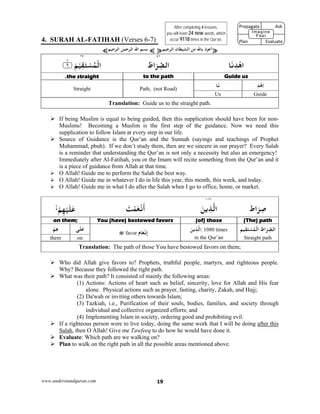 www.understandquran.com 19
4. SURAH AL-FATIHAH (Verses 6-7)
¥‫ﺟﻴﻢ‬ ‫اﻟ‬ ‫اﻟﺸﻴﻄﺎن‬ ‫ﻣﻦ‬ ‫ﺎﷲ‬ ‫ذ‬ ‫أﻋ‬¥¤‫ﺣﻤ‬ ‫اﻟ‬ ‫اﷲ‬ ‫ﺑﺴﻢ‬‫ﺣﻴﻢ‬ ‫اﻟ‬ ‫ﻦ‬¤
٤٦٣٧
‫ﺎ‬َ‫ﻧ‬ِ‫ﺪ‬ْ‫اﻫ‬َ‫اط‬َ‫ﺮ‬ِّ‫اﻟﺼ‬٪﴿ َ‫ﻢ‬ْ‫ﻴ‬ِ‫ﻘ‬َ‫ﺘ‬ْ‫ﺴ‬ُ‫ﻤ‬ْ‫اﻟ‬٦m٪﴾
Guide usto the paththe straight.
ِ‫ﺪ‬ْ‫ﻫ‬ِ‫ا‬‫ﺎ‬َ‫ﻧ‬Path; (not Road)Straight
GuideUs
Translation: Guide us to the straight path.
 If being Muslim is equal to being guided, then this supplication should have been for non-
Muslims! Becoming a Muslim is the first step of the guidance. Now we need this
supplication to follow Islam at every step in our life.
 Source of Guidance is the Qur’an and the Sunnah (sayings and teachings of Prophet
Muhammad, pbuh). If we don’t study them, then are we sincere in our prayer? Every Salah
is a reminder that understanding the Qur’an is not only a necessity but also an emergency!
Immediately after Al-Fatihah, you or the Imam will recite something from the Qur’an and it
is a piece of guidance from Allah at that time.
 O Allah! Guide me to perform the Salah the best way.
 O Allah! Guide me in whatever I do in life this year, this month, this week, and today.
 O Allah! Guide me in what I do after the Salah when I go to office, home, or market.
١٠٨٠
‫اط‬َ‫ﺮ‬ِ‫ﺻ‬َ‫ﻦ‬‫ﻳ‬ِ‫ﺬ‬‫اﻟ‬
َ
‫أ‬َ‫ﺖ‬ْ‫ﻤ‬َ‫ﻌ‬ْ‫ﻧ‬ْ‫ﻢ‬ِ‫ﻬ‬ْ‫ﻴ‬َ‫ﻠ‬َ‫ﻋ‬
(The) path(of) thoseYou (have) bestowed favorson them;
‫ﻴﻢ‬ِ‫ﻘ‬َ‫ﺘ‬ْ‫ﺴ‬ُ‫ﻤ‬ْ‫اﻟ‬ َ‫اط‬َ‫ﺮ‬ِّ‫اﻟﺼ‬
Straight path
َ‫ﻦ‬‫ﻳ‬ِ‫ﺬ‬‫اﻟ‬: 1080 times
in the Qur’an
‫ﺎم‬َ‫ﻌ‬ْ‫ﻧ‬ِ‫إ‬favor
‫ﻰ‬َ‫ﻠ‬َ‫ﻋ‬ْ‫ﻢ‬ِ‫ﻫ‬
onthem
Translation: The path of those You have bestowed favors on them;
 Who did Allah give favors to? Prophets, truthful people, martyrs, and righteous people.
Why? Because they followed the right path.
 What was their path? It consisted of mainly the following areas:
(1) Actions: Actions of heart such as belief, sincerity, love for Allah and His fear
alone. Physical actions such as prayer, fasting, charity, Zakah, and Hajj;
(2) Da'wah or inviting others towards Islam;
(3) Tazkiah, i.e., Purification of their souls, bodies, families, and society through
individual and collective organized efforts; and
(4) Implementing Islam in society, ordering good and prohibiting evil.
 If a righteous person were to live today, doing the same work that I will be doing after this
Salah, then O Allah! Give me Tawfeeq to do how he would have done it.
 Evaluate: Which path are we walking on?
 Plan to walk on the right path in all the possible areas mentioned above.
After completing 4 lessons,
you will learn 24 new words, which
occur 9118 times in the Qur’an.
Propagate              Ask
 
Plan                Evaluate
Imagine
Feel
 